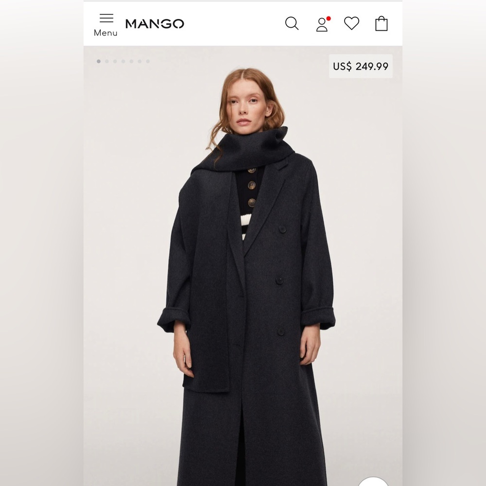 NWT Mango charcoal wool coat with detachable scarf size M